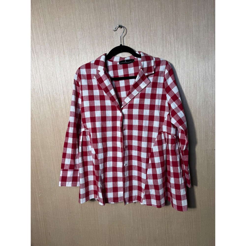 Pomander Place Red Gingham Peplum Button Front Cotton Shirt Womens Medium Y19847